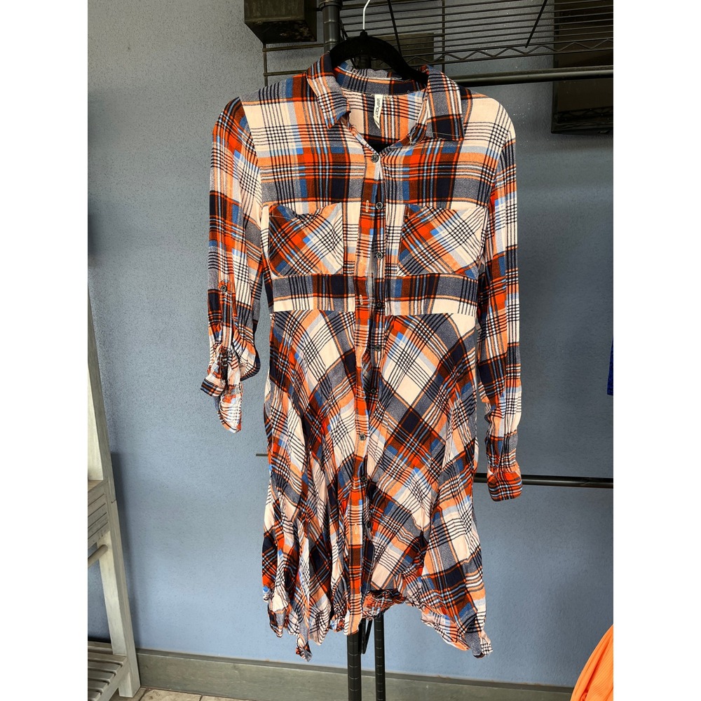 Western Orange Blue Plaid Shirt Dress Mini Boho Concert Casual Rayon M